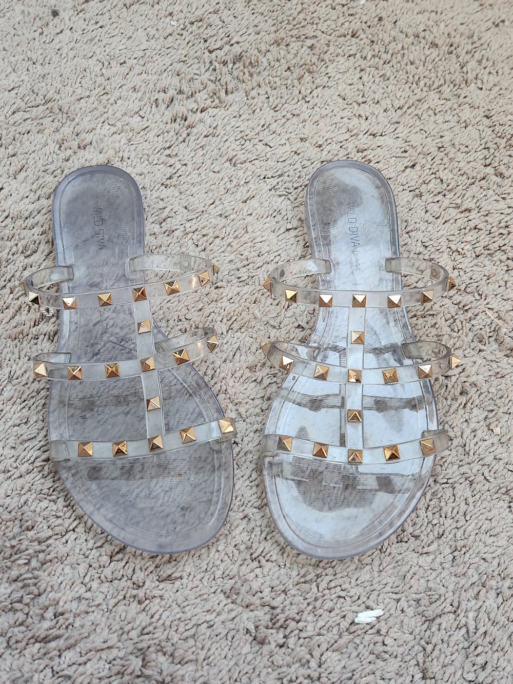 Wild Diva Clear Slide Sandals with Gold Pyramid Studs